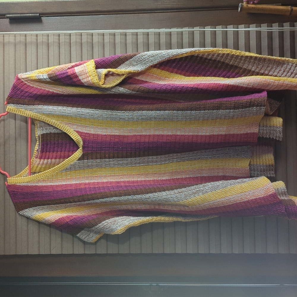 Striped V-Neck Poncho Sweater in Pink, Yellow & Gray